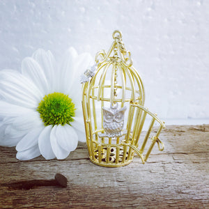 9ct Yellow and White Gold Diamond Set Gold Birdcage with Owl Necklace.
