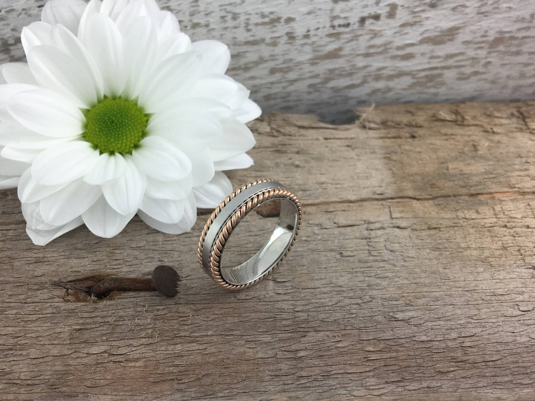 5mm 9ct white & rose gold twisted edge wedding band. Totally handmade. Red gold twisted rope edge.