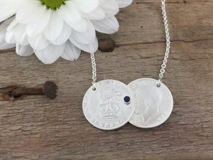 Silver Double Coin Birthstone necklace