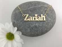 Load image into Gallery viewer, 9ct Gold Handmade Name Necklace, Carrie style necklace from Sex In The City with heart.  Hand pierced from thicker sheet.
