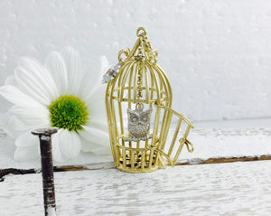 9ct Yellow and White Gold Diamond Set Gold Birdcage with Owl Necklace.