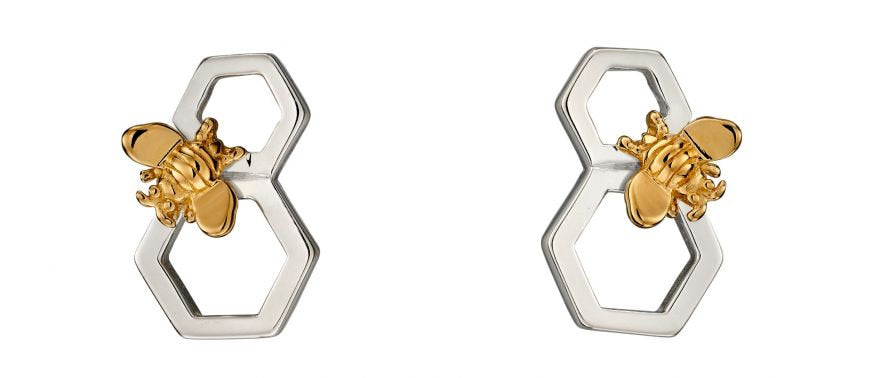 Silver Honeycomb Bee earring studs.