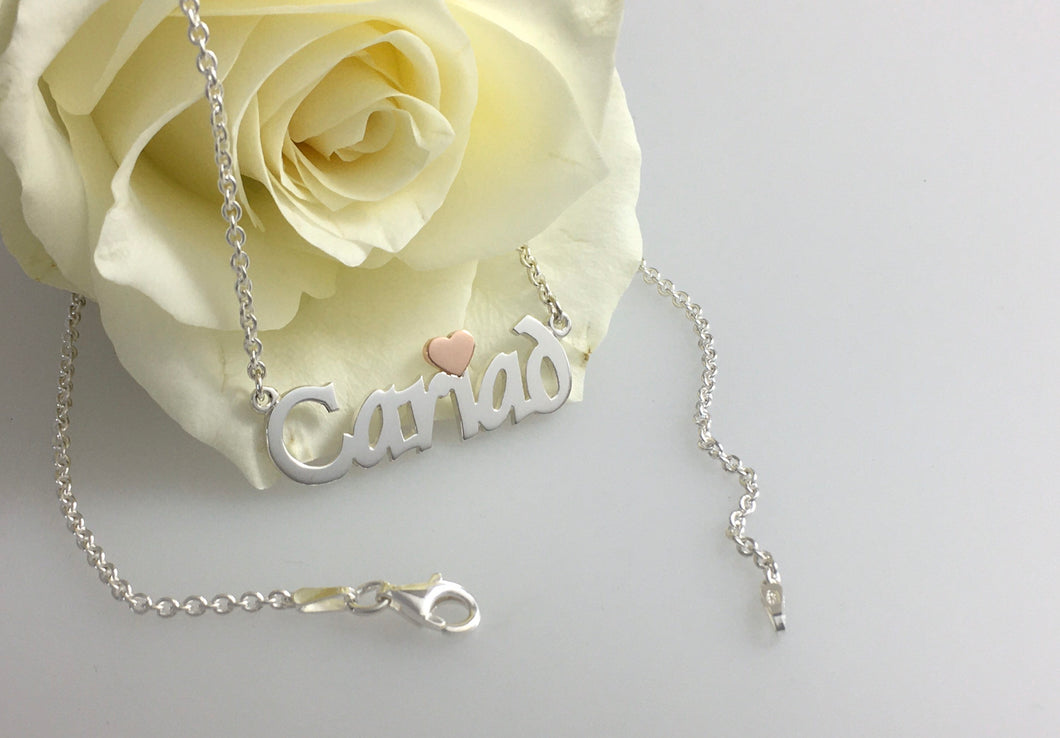 Cariad Love Necklace Silver & 9ct Rose Gold , name necklace. Welsh for love