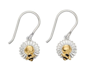 Silver flower and Gold bee dropper earrings