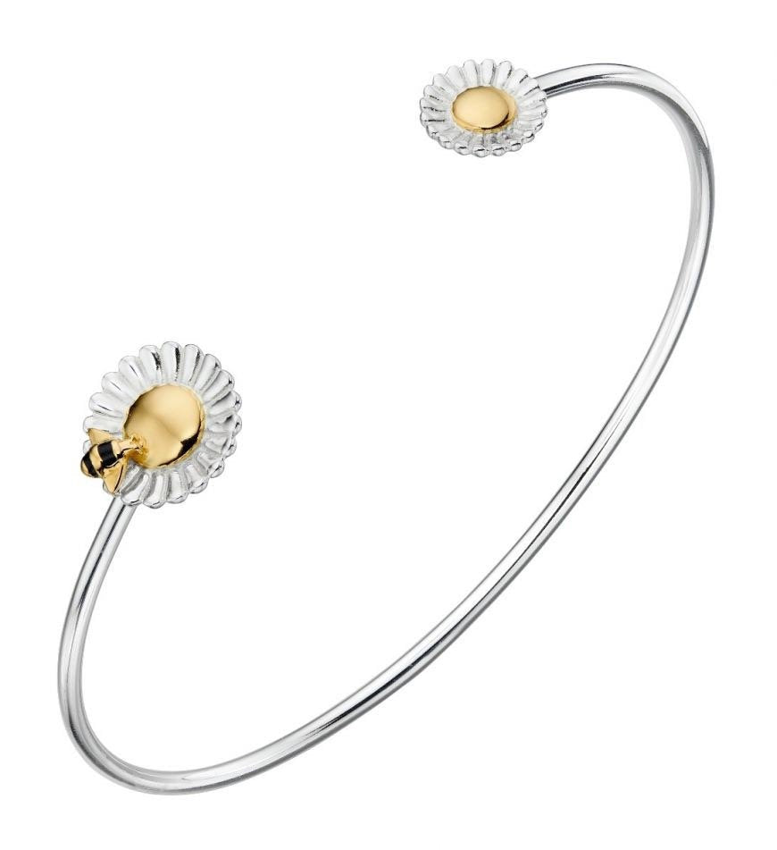 Silver flower and gold bee bangle
