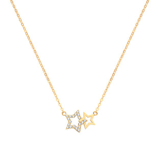 9ct Gold Dainty Double CZ Pave Set Star Necklace.